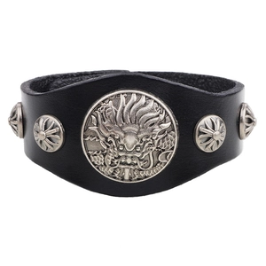 Punk black leather wide bracelet with vintage silver dragon relief and cross rivets decoration