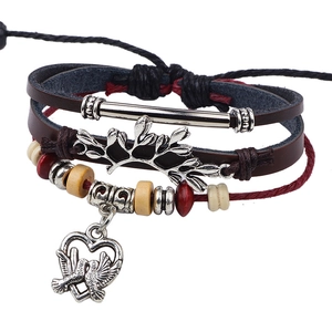 Retro multi-layer leather bracelet with tree branch charm and bird heart pendant