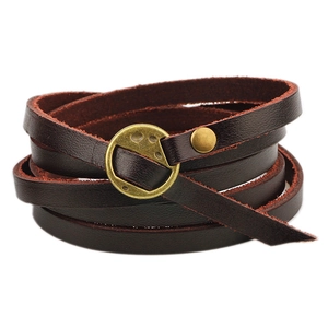 Bracelet multi-rangs en cuir véritable marron foncé avec boucle en métal bronze vintage