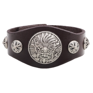 Retro punk leather bracelet featuring a vintage dragon emblem and silver metal rivets