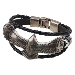 Vintage Men Woven Leather Bracelet Retro Alloy Eagle Pendant Bracelet Cowhide Braided Wristband Punk Rock Men Jewelry