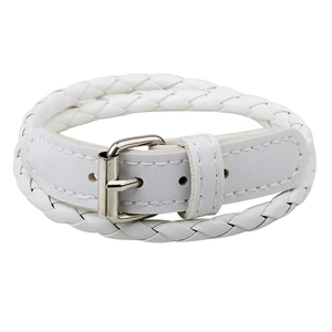 Minimalist white braided PU leather wrap bracelet with silver belt buckle closure