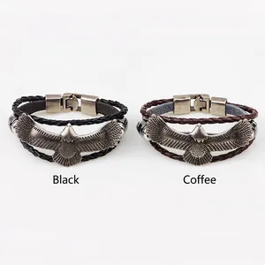 Retro multi-layer woven leather bracelets featuring vintage metal eagle charms in black and coffee