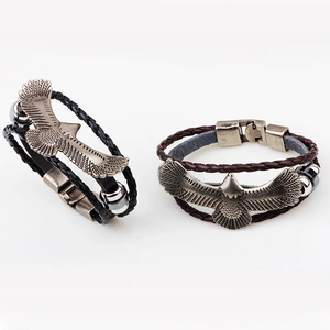 Retro eagle charm braided leather bracelets for men in black and brown colors