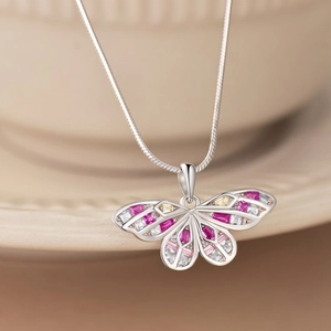 Exquisite S925 sterling silver butterfly pendant necklace with colorful zircon stones