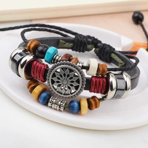 Handmade multilayer leather bracelet with colorful wooden beads and vintage sun charm