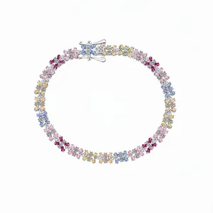 Bracciale a Fiori in Argento Sterling 925 Multicolore Zirconia Per Donna Lusso Floreale Regolabile Gioielli da Sposa