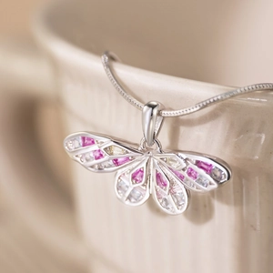 S925 sterling silver butterfly pendant necklace with pink and white cubic zirconia