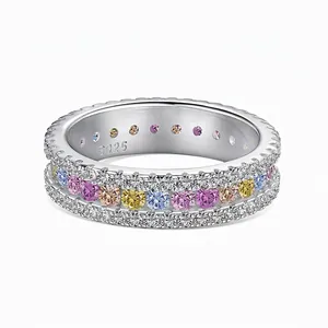 925 Sterling Silver Full Pave Multi-Color Zirconia Eternity Ring For Women Light Luxury Fashion Geometric Finger Jewelry