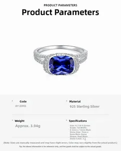 Close-up of S925 sterling silver ring with 2.5ct emerald-cut blue zircon and micropave gems