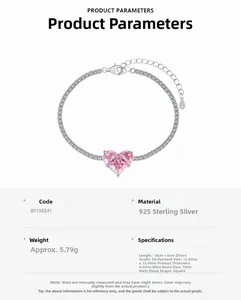 Macro detail of S925 sterling silver tag and pink heart zircon on the bridal bracelet