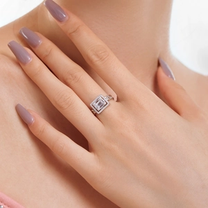 S925 sterling silver ring featuring emerald cut cubic zirconia and halo braid design