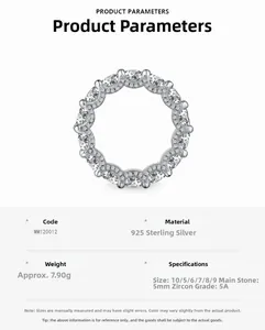 Tableau des spécifications de bague en argent 925 avec pierres en zircone cubique de 5mm