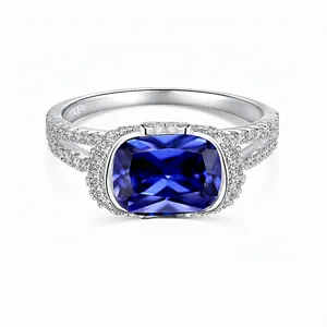 925 Sterling Silver Cushion Cut Blue Zirconia Halo Ring Elegant Wedding High-End Design Hand Jewelry For Women