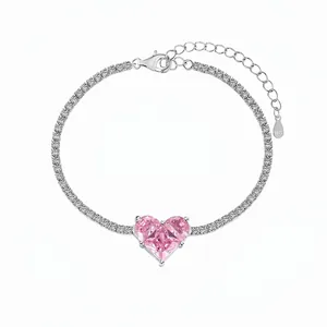 925 Sterling Silver Pink Heart Bracelet For Women Romantic Rhinestone Inlaid Tennis Chain Wedding Party Fashion Jewelry