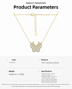 Detail van S925 zilveren vlinderketting met zirkoon en 45cm gouden ketting