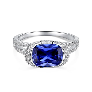 S925 sterling silver ring featuring a large rectangular blue tanzanite gemstone centerpiece