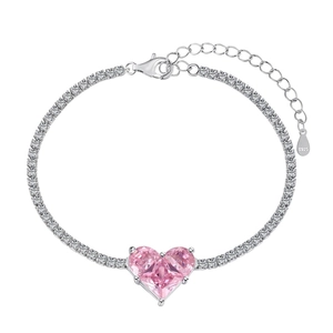 Elegant S925 sterling silver tennis bracelet with large pink heart-shaped crystal