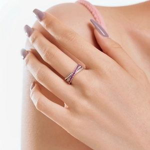 Bague luxueuse en argent 925 à triple croisement avec zircons roses et blancs