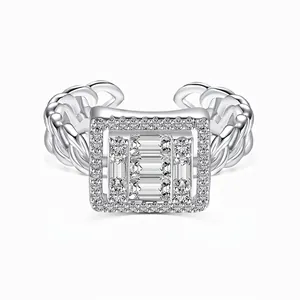 925 Sterling Silver Open Adjustable Ring Belt Chain Design Pave Zirconia Square Inlaid Trendy Women Jewelry Gift