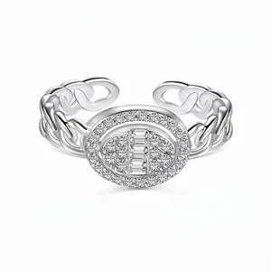 Bague Ouverte en Argent Sterling 925 pour Femme Design de Chaîne de Ceinture avec Zirconia Ovale Bijoux Réglables Mode Coréenne