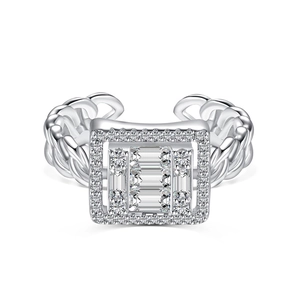 Modern S925 sterling silver adjustable ring with square paved crystals and chain band