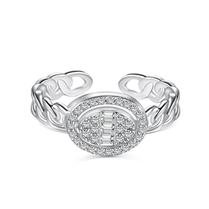 Bague ouverte en argent S925 avec zircons ovales et anneau au style maille cubaine