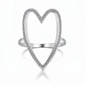 925 Sterling Silver Hollow Heart Open Ring For Women Elegant Zirconia Inlaid Minimalist Adjustable Gold Silver Finger Ring