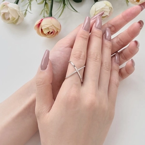 Minimalist S925 sterling silver X-cross ring with sparkling pave cubic zirconia