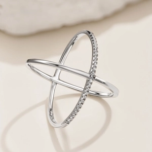 Minimalist S925 sterling silver geometric X-shape ring with sparkling pavé cubic zirconia