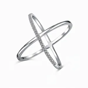 S925 Sterling Silver Geometric X-Cross Ring For Women Dainty Pave Rhinestone Finger Ring Minimalist Jewelry Gift