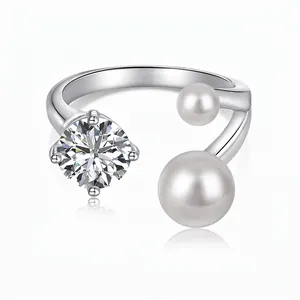 Anello In Argento Sterling 925 Perla Artificial Zircone Regolabile Elegante Bypass Gioielli Da Dito Aperto Donna