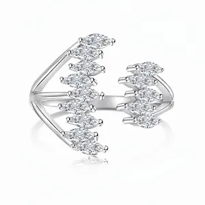 Anello Aperto Regolabile in Argento Sterling 925 Donna Zirconia Marquise Design Ancora Pavé Irregolare Gioielli Moda