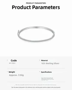 Detailed size chart for S925 sterling silver bangle with 5A cubic zirconia stones