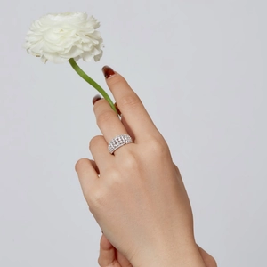Elegant S925 sterling silver band ring with multiple rows of pavé set zircons on hand