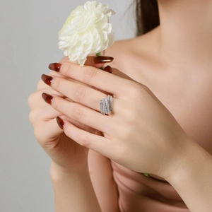 S925 sterling silver multi-layer crossover ring with sparkling zircon stones on model