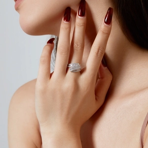 Luxurious S925 sterling silver crossover ring with pavé baguette and round zircon stones
