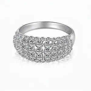 S925 Sterling Silver Pave Rhinestone Ring For Women Four Row Multi Layer Geometric Wide Band Band Ring Fashion Jewelry Gift