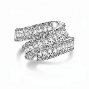 925 Sterling Silver Ring For Women Multi Layer Geometric Wrap Design With Sparkling Rhinestone Inlaid Pave Luxury Finger Ring