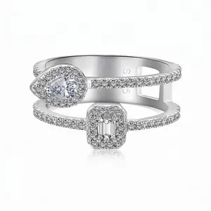 Nouvelle Bague en Argent Sterling 925 pour Femmes Goutte d'Eau Géométrique Double Couche Évidée Design Incrustation Zirconia Bijoux