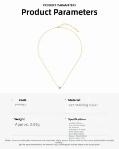 Technical specs of 925 sterling silver gold necklace with 0.25ct 5A zircon pendant