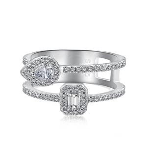 Bague double couche en argent S925 avec zircons de taille poire et émeraude