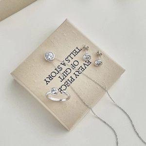 Detailed view of S925 sterling silver jewelry set with zircon ring, earrings, and necklace