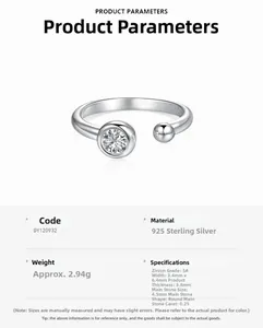 S925 sterling silver open ring featuring a 0.25ct round zircon and a small metal ball