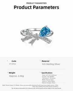 Details zum S925 Sterling Silber Ring mit Schleife und birnenförmigem blauem Zirkonia