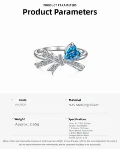 Makroaufnahme von S925 Silber-Schleifenring mit herzförmigem blauen Zirkon und Punzierung