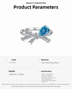 Vista macro dell'anello a fiocco in argento S925 con zircone blu a pera 5x7mm