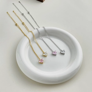 S925 sterling silver heart pendant necklace with pink and clear cubic zirconia stones