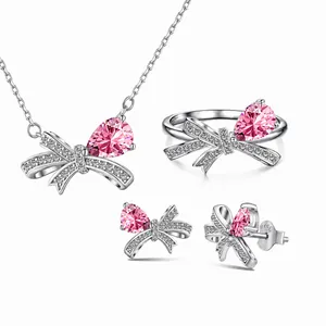 925 Sterlingsilber Schleife Schmuckset Mit Wassertropfen Zirkonia Halskette Ohrringe Ring Für Damen Elegante Mode Pendeln Accessoires