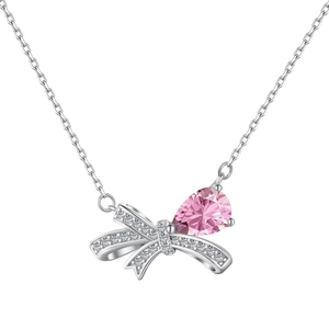 S925 Sterling Silber Schleife Halskette mit rosa Tropfen-Zirkon und Pavé-Fassung